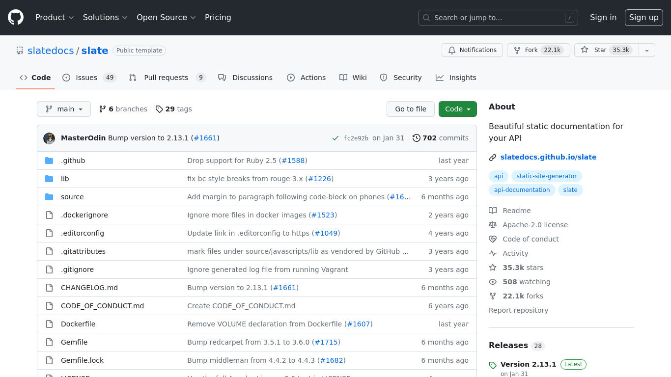 Slate API Docs Generator Landing page
