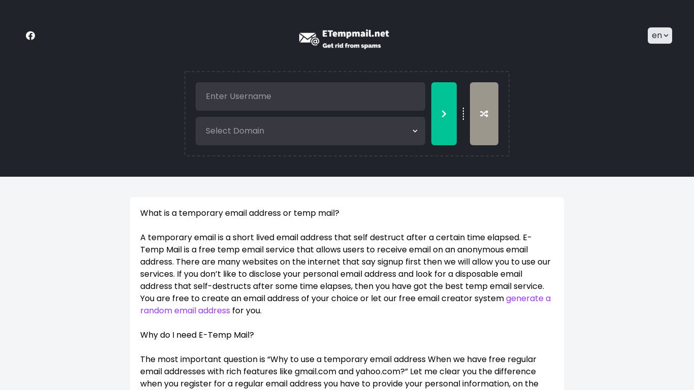 ETempMail.Net Landing page