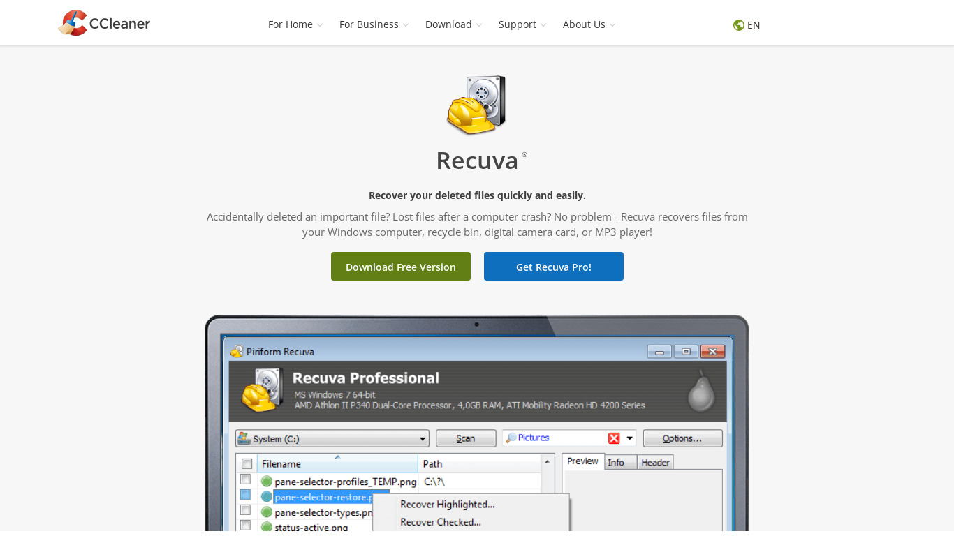 Recuva Landing page