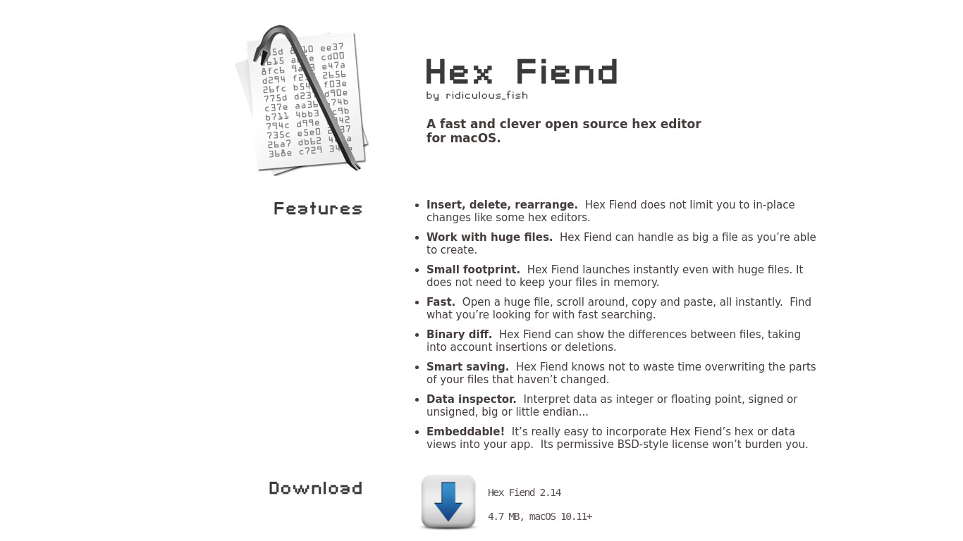 Hex Fiend Landing page