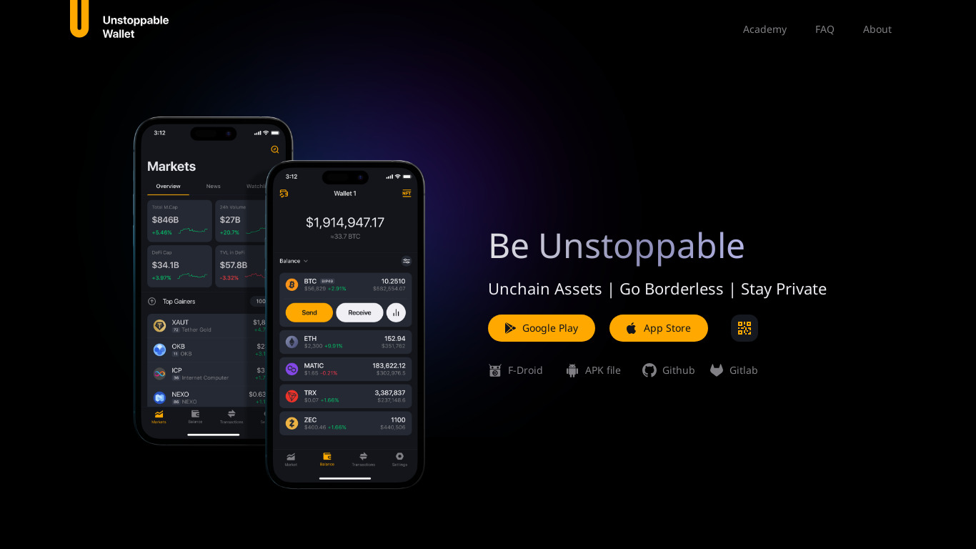 Unstoppable Wallet Landing page
