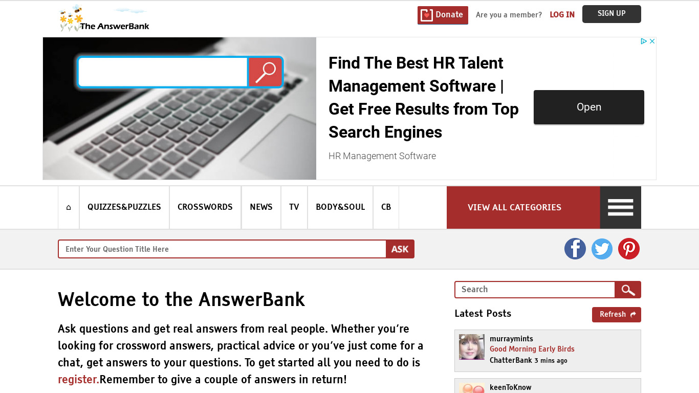 The Answer Bank Landing page