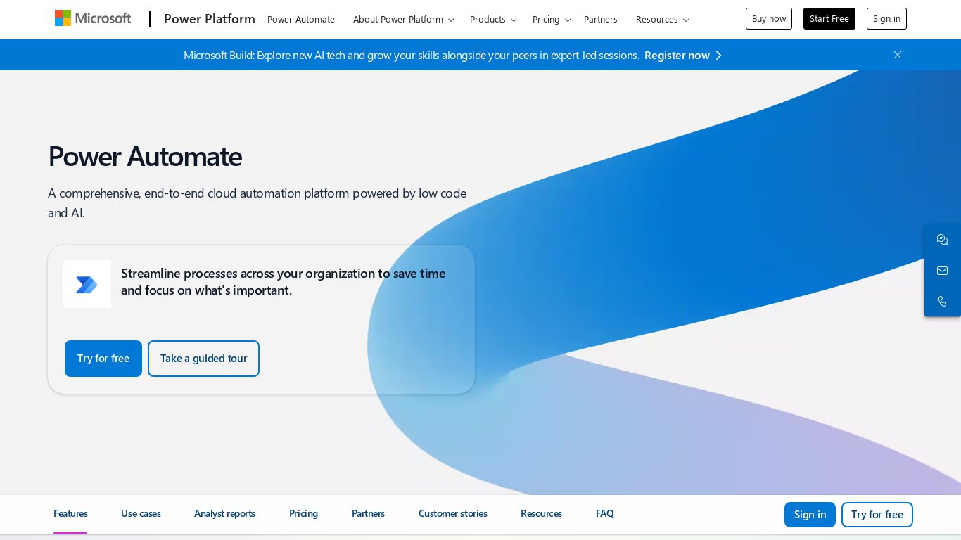 Microsoft Power Automate Landing page