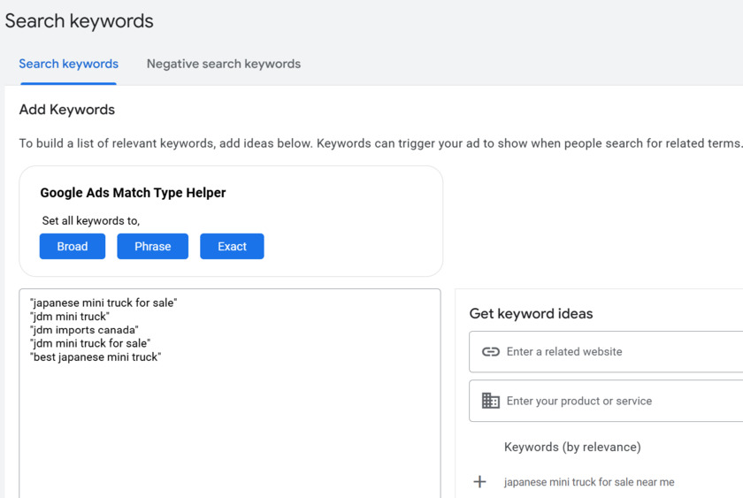 Google Ads Keyword Match Type Helper Google Ads add keywords screen Google Ads Keyword Match Type Helper Google Ads add keywords screen