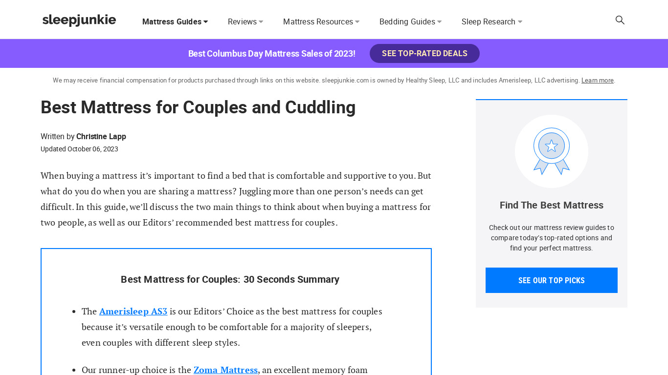 Cuddle Mattress Landing page