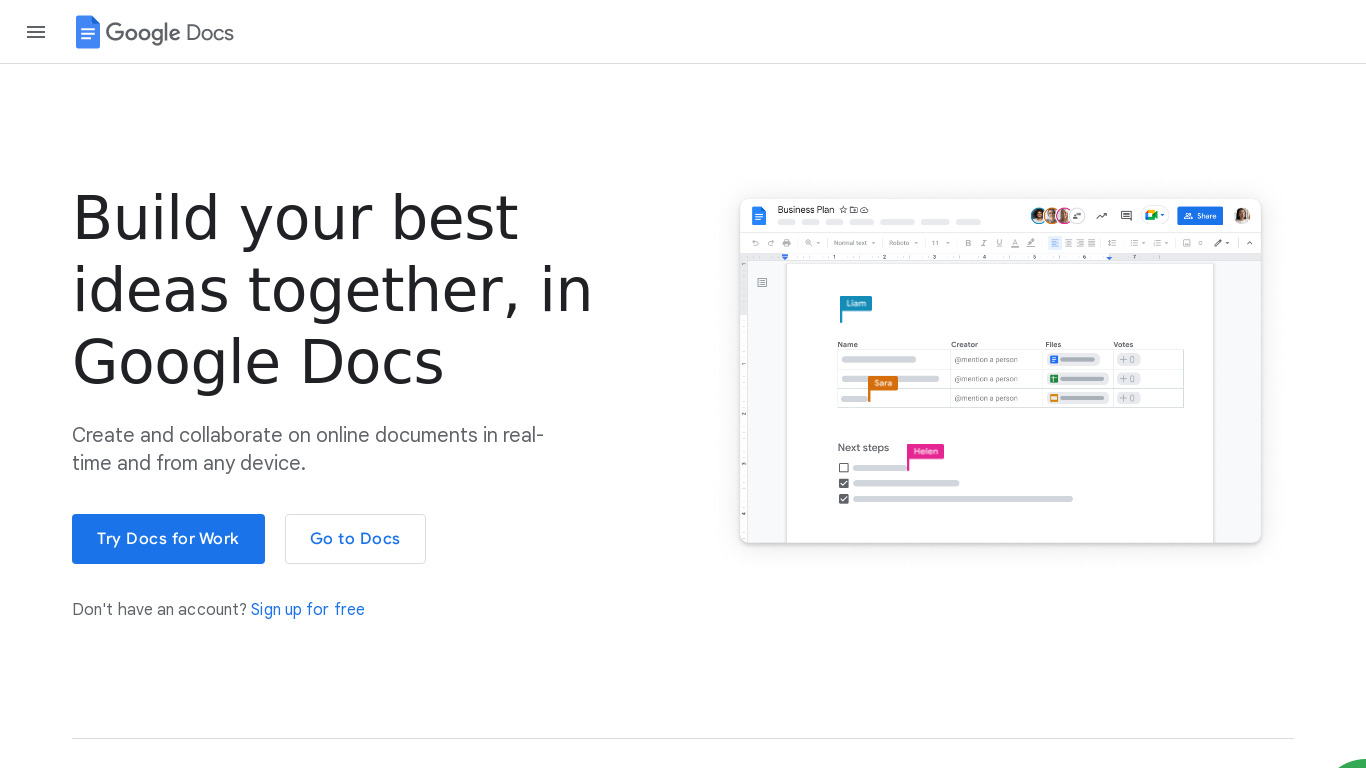 Google Docs Landing page