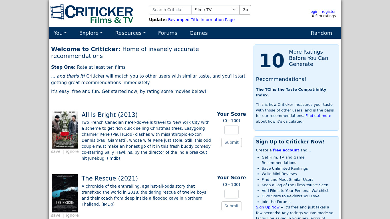 Criticker Landing page
