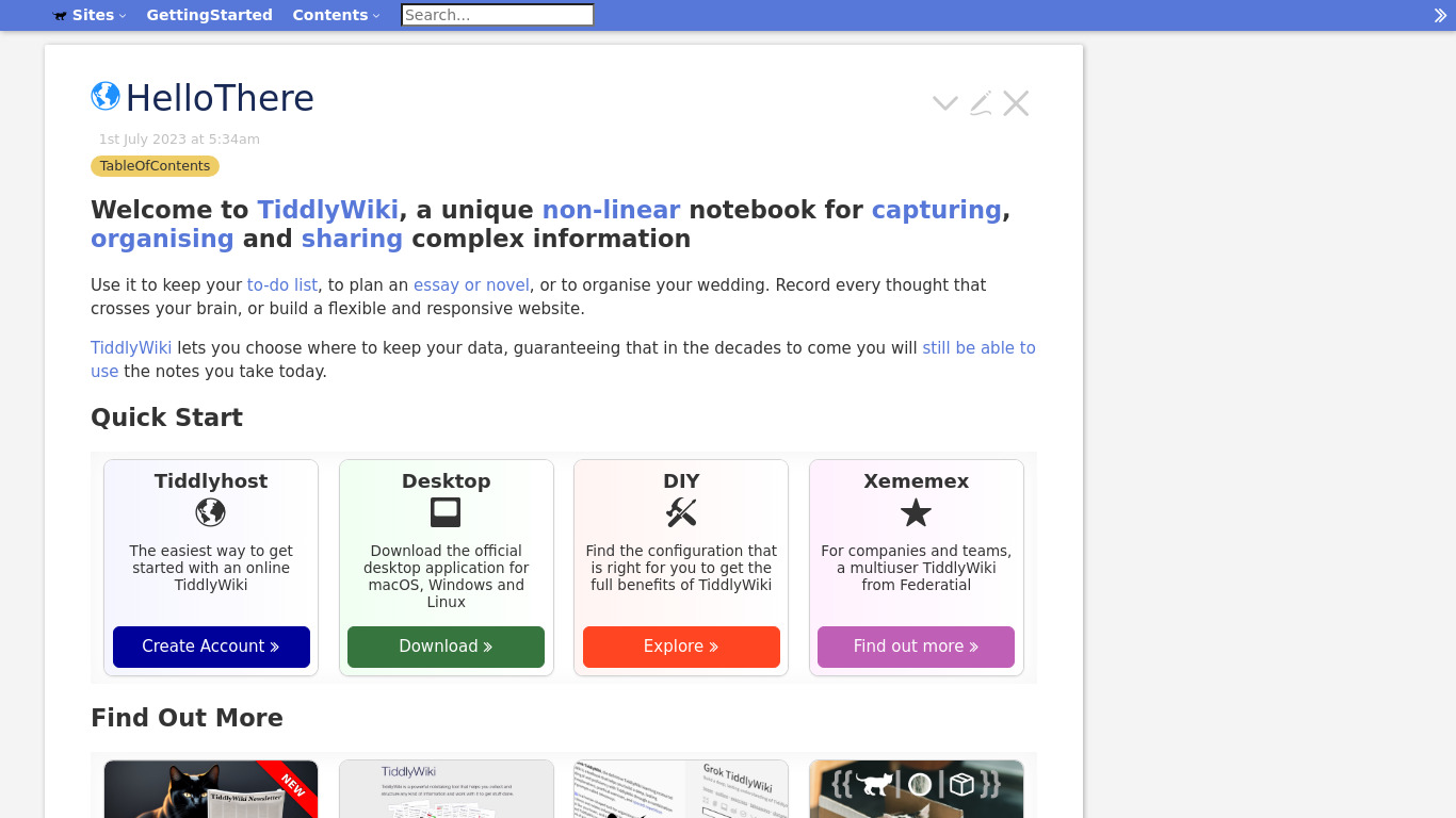 TiddlyWiki Landing page