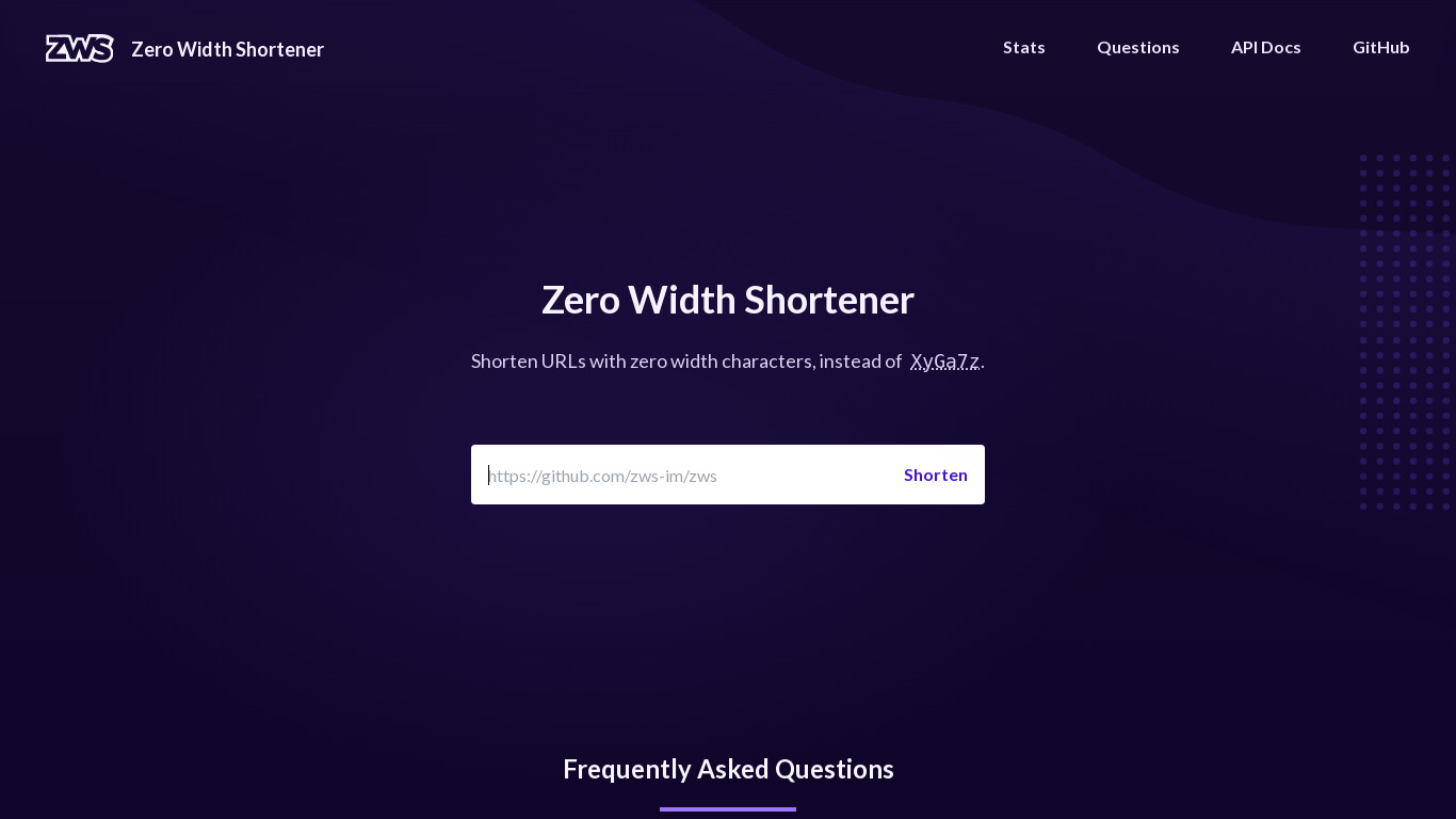 Zero Width Shortener Landing page