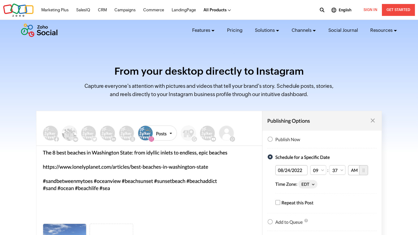 Zoho Social Landing page